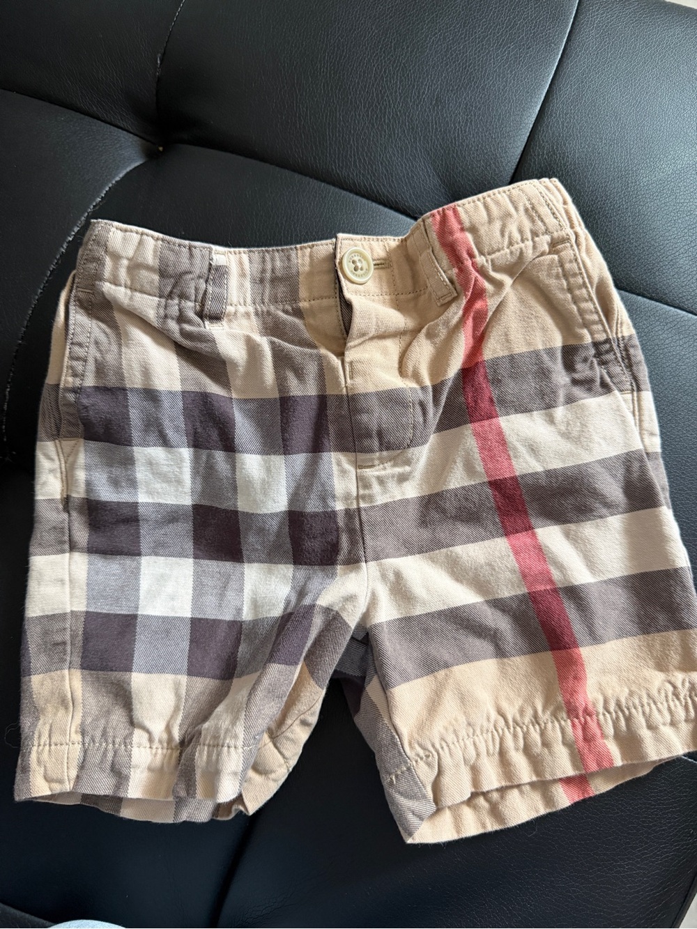 Burberry Beige and Brown Plaid Men’s Shorts with Red Stripe